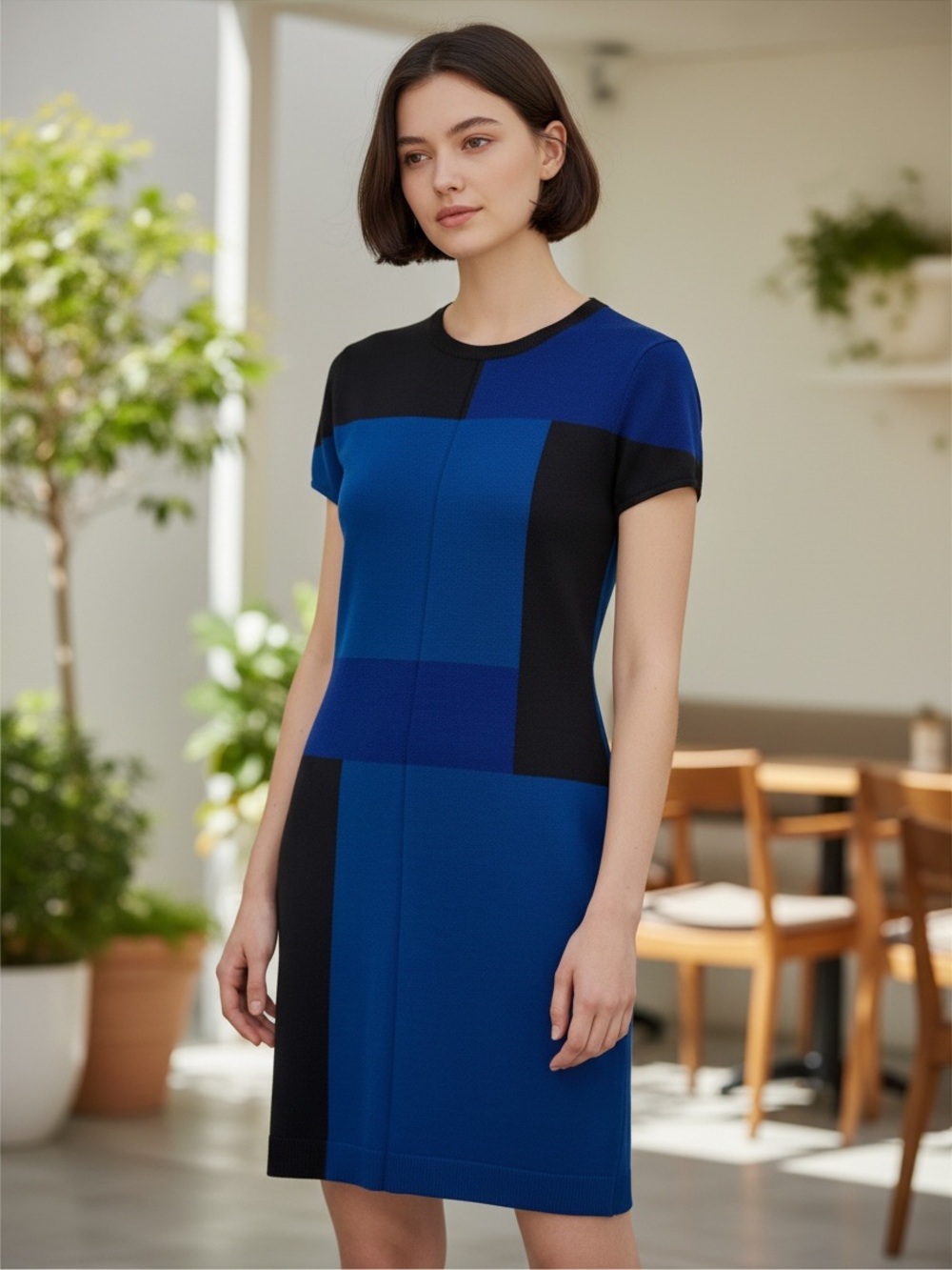 The Limited Blue and Black Colorblock Short-Sleeve Shift Dress